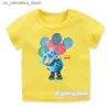 티셔츠 새로운 여름 스타일 보이즈 티셔츠 흥미로운 선샤인 토끼 만화 프린트 유치원 티셔츠 패션 트렌드 어린이 의류 옐로우 탑 Q240418
