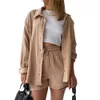 Tweedelige gerimpelde stoffen revers met dames revers met lange mouwen, hoge taille trekkoord shorts, oversized modieuze casual setf41860