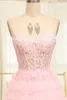 Party Dresses Pink A-Line Strapless Tiered Long Corset Prom Dress With Lace Spaghetti Straps Applique Sweetheart Sweep Train