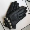 100% Genuine Leather Gloves Female Winter Sheepskin Shinning Diamond Thicken Touch Screen Gloves Women Warm Driving Gloves