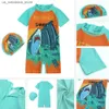 One-Pieces 2024 toddler boys and girls swimwear with hats summer swimwear for children diving beach suit integrated UV baby shower suit Q240418