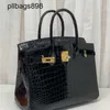 Brkns Handbag Genuine Leather 7A Handswen Wax Thread High gloss Crocodile Skin Belly Bright Face 25 Black High Feeling Western StyleOU1U