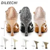 Dansschoenen Dileechi Rhinestone Latin Women Salsa Ballroom Cuba High Heel 9cm Waltz Software Skin Bronze