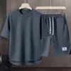 Jogging Suit with Pockets Mens Summer Casual Outfit Set Oneck Short Sleeve Tshirt Drawstring Waist Wide Leg Shorts Activewear 240411