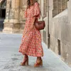 Basic Casual Dresses Puff Sleeve Boho Maxi Dress Elegant Women Summer 2022 Casual Floral Drawstring V-Neck Loose Holiday Beach Dresses Party Vestidos