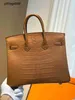 Femmes brkns sac à main en cuir authentique 7a Handswen Golden Brown Mist à face crocodile Skin 25cm HandSewn Highzq7e