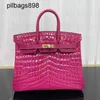 Handmade 7a Handbag Bikns Genuine Leather Arch Pearl Crocodile Skin Rose Red 25CM Gold Button Handheld Womens78UW