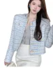 Women o-neck blue color block single breasted jackets tweed woolen desinger short coat SML