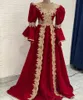 Luksusowe arabskie kaftan czerwone sukienki wieczorowe złote koronkowe aplikacje kryształowe suknie z koralikami suknia balowa dla kobiet 2024 Długość podłogi Długie rękawy Formalne suknia wydarzenia