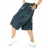 Pantalon masculin Hip-hop Capri Jeans Shorts denim Détendus Hipster décontracté Couleur solide ample