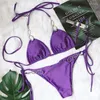 Swimwear féminin Shining Rignestone Metal Bikini Set White Crystal Diamond Sexy Femmes Swimsuit Bandage licou violet