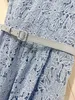 2024 New Designer Dress Blue Heavyweight Hollow Water Soluble Lace up Stand up Neck Waist Length Dress