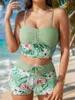 Women's Swimwear Vintage Green Floral Print Bikini Set Women Pleate Push Up Drawstring High Waist Swimsuit Tankini 2024 Bathing Suit