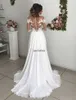 Modestas mangas compridas vestidos de noiva corpete de ilusão de pescoço apliques de chiffon fenda boho vestidos de noiva de praia vestidos de noiva com divisão