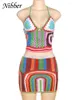 Vestidos de trabalho Nibber Crochet Colorful Crochet Print Duas peças Conjunto de mulheres Halte