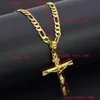 Real 24k Yellow Solid Fine Big Pendant 18ct Thai Baht G F Gold Jesus Cross Crocifisso Charm 55 35mm Figaro Chain Necklace270f