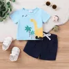 Kläduppsättningar Småbarn Baby Boy Beach Outfit Kort ärm T-shirt Söt djurtryckstoppar Solid Colic Elastic Midje Drawstring Shorts 2ms Set