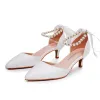 نيو نساء من الخنائيات Whitepearl Ribbon Dress Shoes Party 5cm High Heels Alegant White Pumps