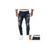 Men'S Jeans Mens Men Ripped Hole Denim Pants Pockets Button Skinny Long Trousers Mid Waist Hip Hop Punk Slim-Fit Casual Streetwear Dr Dhdql