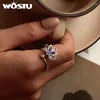 Cluster anneaux wostu 925 sterling Silver Bi Color Lotus Flower Ring For Women Drop Purple Rose Crystal Opening Wedding Party Bijoux Gift