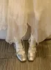 Casual Shoes Women Low-heeled Sole High Heels Sexy Square Head Pumps Wedding Dress Nude Silver Color Rubber Bottom Dancing