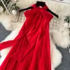 Casual Dresses Red Loose Halter Bandage Long French Elegant Women's Summer Vacation Dress Off Axel Sleeveless Pleated Sundress Chic