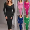 Sukienki swobodne sukienka zimowa dla kobiet mody dzianin bodycon v-dół solidny kolor sundress żebrowane ładne dziewczyny ubrania vestidos