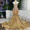 Robes de bal Shine Gold pour les filles noires robe de soirée de paillette de sirène de luxe 2024 plus taille aso ebi robe formelle robe diamant méchants d'anniversaire de fête d'anniversaire robes