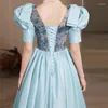 Party Dresses Sky Blue Satin Ball Gowns Modest Round Neck Floor-Length Long Women Formal Occasion For Prom Event