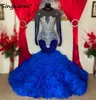 Party Dresses Arrival 2024 Royal Blue Prom Mermaid Long Sleeves Sparkly Crystals Diamonds Ruffles Wedding Evening Gowns