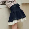 Koreański styl wiosenny jesień dla dzieci spódnica z koronką dżinso patchwork puste z wysokiej talii krótkie spódnice Dzieci Ubranie H030 240428
