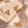 Studörhängen trendig utsökta 14k Real Gold Plated Wheat Round Pärla för kvinnor Girl Jewelry Zircon S925 Silver Needle Gift