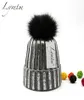 Kış metalik örme 13cm pompom beanie şapka kadın moda sahte kürk pom pom bronz sıcak örgü şapkalar kızlar Beanies kapaklar 2201072621549