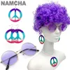 Fournitures de fête 4 pièces Hippie Costume Accessory Suit 50s 60s 70s Collier coloré Collier d'oreille Earget Eaux Paix Charme Halloween Bash