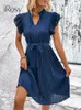 Sıradan elbiseler Mavi fırfırlı kollu elastik bel ile kadınlar için zarif midi pileli elbise kemer yaz giyim partisi kıyafeti