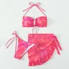 Kvinnors badkläder baddräkt 3 -stycken Set Tie Dye Bikini med solskydd Ruffles täcker kjol halterhals kvinnlig