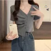 Women's T Shirts Skew Collar Shirt Women Y2k Korean Folds Crop Top Slim Short Sleeve Tees Female Button Summer Tshirts Femme Clothes 2024