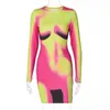 Casual jurken OMSJ 3D Body Printing Short Y2K Streetwear Long Sleeves Mini Bodycon Crew-Neck Fashion Women's Mid-Night Club Sexy Dress