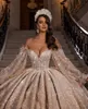 Vintage V Neck Feather Wedding Dresses Ball Gown Off the Shoulder Flare Sleeve Vestido de Noiva Pärlor PELBEDS SOTLE BRIDAL DRESS