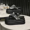 Talltor kvinnor bling sommar damer strand flip-flops chunky läderskor kilar klackar utanför sandaler kvinna hög plattform 7 cm