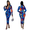 Skirts Fashion Lapel Long Sleeve Printed High Waist Tight Dress Summer Sexy Club Party Women Vestidos 2024