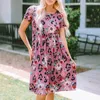 Casual Dresses 2024 Leopard Print Plant Flower Short Sleeve Dress Summer Tight Midje Slim Look All-Match Kne-Lengen kjol