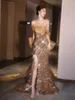Runway Dresses Champagne Gold Celebrity Dress Off The Shoulder Sequins Glitter Detachable Bow Trailing Side Split Formal Evening Party Gowns