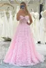 Party Dresses Pink A-Line Strapless Tiered Long Corset Prom Dress With Lace Spaghetti Straps Applique Sweetheart Sweep Train
