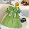 Mädchenkleider Girls Academy Style Grüne Sommerkleider Korean Edition Kinder frisch und niedlich Prinzessin Kleid Fashion Bow Kleid neu 2024 Q240418