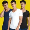 Men's T-skjortor Ice Silk Shirt Mens Casual Seamless Short Sleeve Slim Invisible Man Base Tops Summer V-Neck Tee Base Base