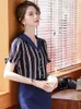 Women's Blouses Summer Short Sleeve Black Blue Patchwork Striped Shirt Retro Single-breasted Basic Blouse Korean Style Intellectual Tops