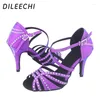 Chaussures de danse Dileechi Latin strassons violet flash satin fête salsa salon danse haut talon mince 8,5 cm