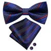 Bow Ties Hi-Tie Silk Mens randiga slips Royal Blue Red Hanky ​​Cufflinks Set Förbunden fjäril Knut Bowtie för manlig bröllopsverksamhet