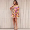 Women's 2024 Summer New V-neck Printed Beach Skirt Lantern Sleeves Short Dress F41843